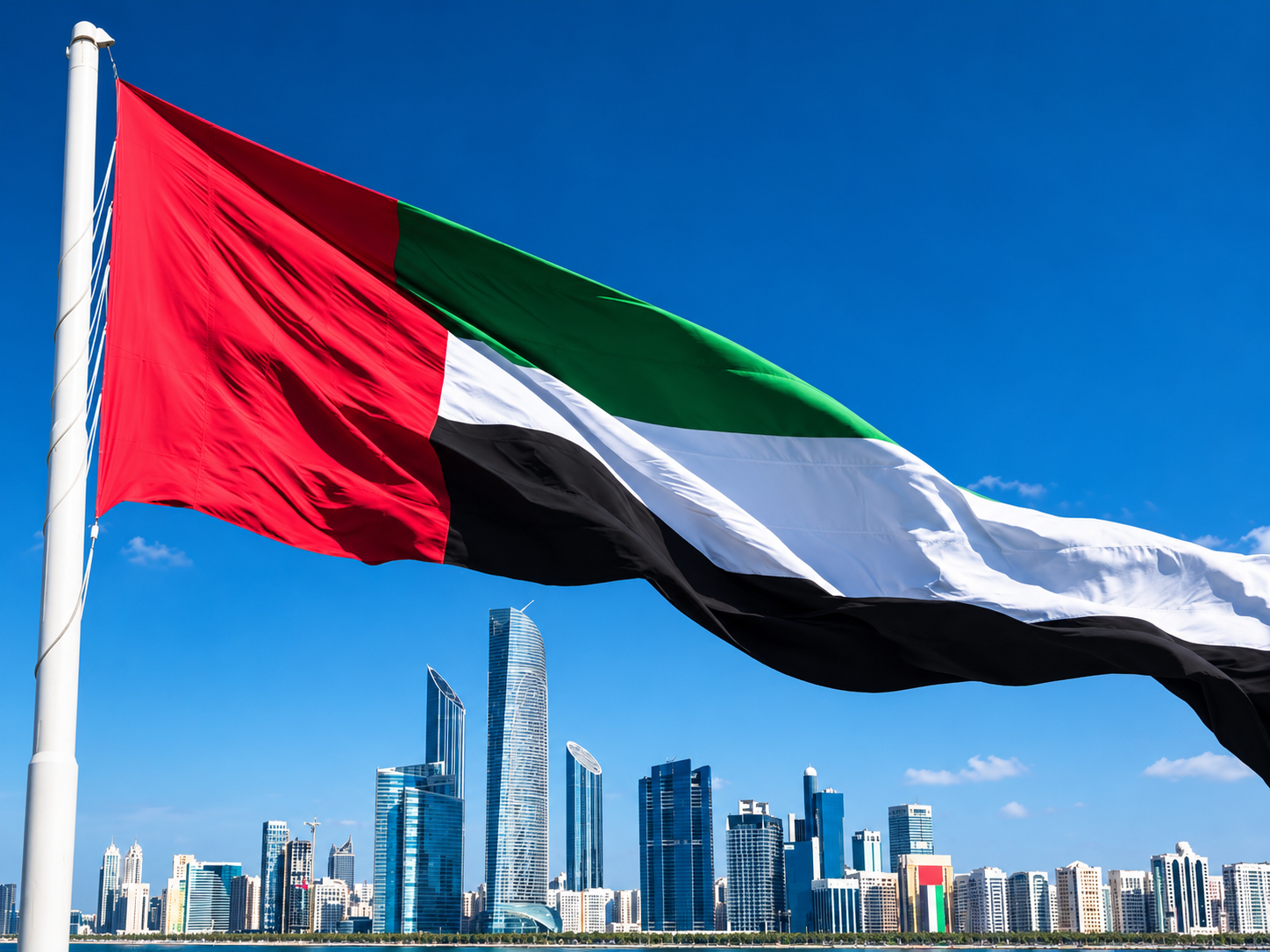 UAE Flag over abu dhabi skyline
